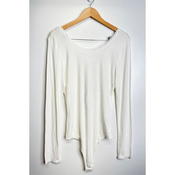 Socialite Bodysuit Lace Trim Womens Long Sleeve Ribbed Ivory White Size XL NWT - Picture 2 of 8